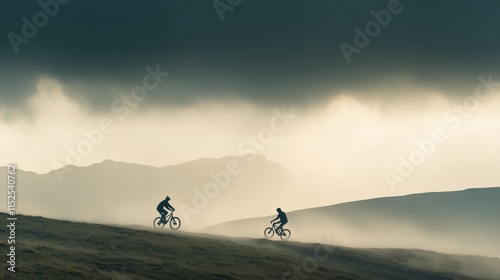 Two male mountain bikers navigate a misty landscape with dramatic clouds overhead during sunset.