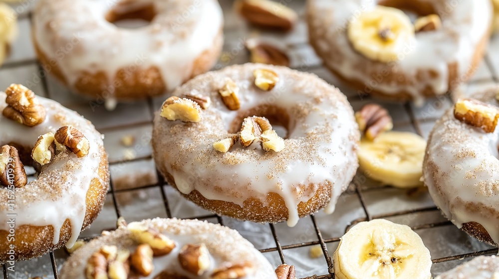 Close-up of Golden-Brown Baked Banana Nut Donuts on a Rustic Cooling Rack, with Glaze, Cinnamon Sugar, Ripe Banana, and Crunchy Nuts for a Cozy, Inviting Appeal Close-up of Golden-Brown Baked Banana Nut Donuts on a Rustic Cooling Rack, with Glaze, Cinnamon Sugar, Ripe Banana, and Crunchy Nuts for a Cozy, Inviting Appeal