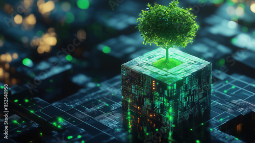 Server Cube Emitting Green Glow with Tree Sprouting on Top, Symbolizing Sustainable Tech