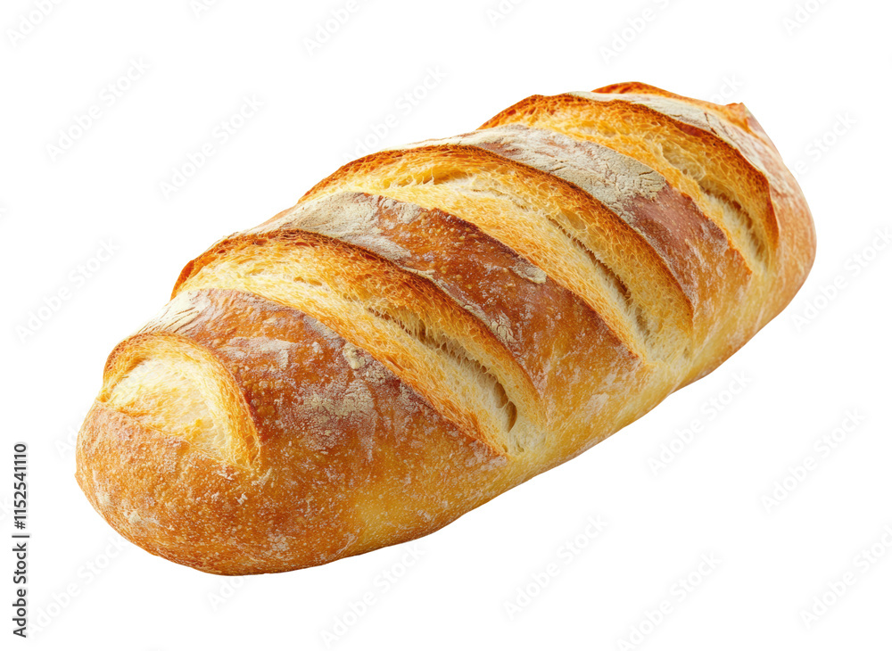 Artisan French baguette with golden crispy crust, rustic loaf showcasing airy texture and detailed scoring, freshly baked bread for gourmet meals isolated on transparent background Artisan French baguette with golden crispy crust, rustic loaf showcasing airy texture and detailed scoring, freshly baked bread for gourmet meals isolated on transparent background