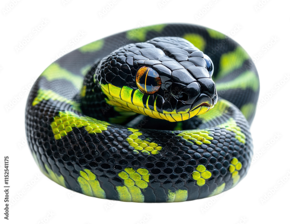 Black and yellow snake closeup with piercing eyes, coiled body, and glossy scales, exotic wildlife reptile portrait, venomous and fascinating creature isolated on transparent background