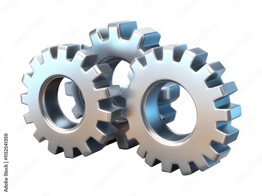 Three shiny silver gears with metallic industrial design, mechanical cogwheels for technology, machinery, or teamwork concepts isolated on transparent background Three shiny silver gears with metallic industrial design, mechanical cogwheels for technology, machinery, or teamwork concepts isolated on transparent background