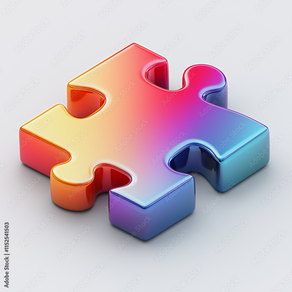 Colorful glossy puzzle piece in vibrant gradient shades on a white background.
Colorful glossy puzzle piece in vibrant gradient shades on a white background.