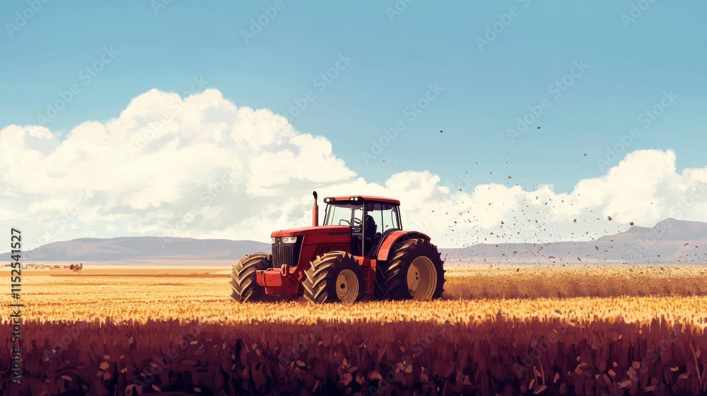 Obraz premium Vibrant Landscape with Tractor Working in Golden Wheat Field