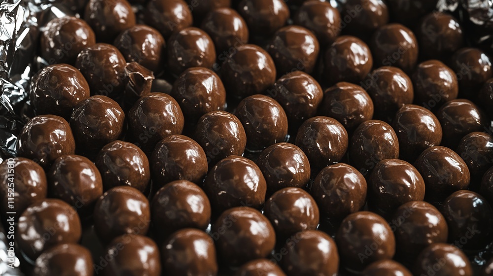 A close-up view of a large number of small, round chocolate truffles densely packed in a metal foil pan. The glossy dark brown truffles feature a slightly uneven surface, A close-up view of a large number of small, round chocolate truffles densely packed in a metal foil pan. The glossy dark brown truffles feature a slightly uneven surface,