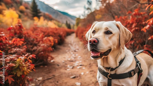Labrador on a hiking trail, enjoying nature’s beauty.