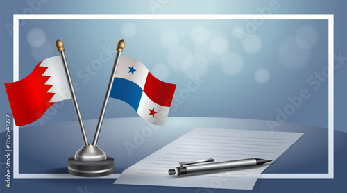 Bahrain and Panama National flags on small table with bokeh background, cooperative relationship