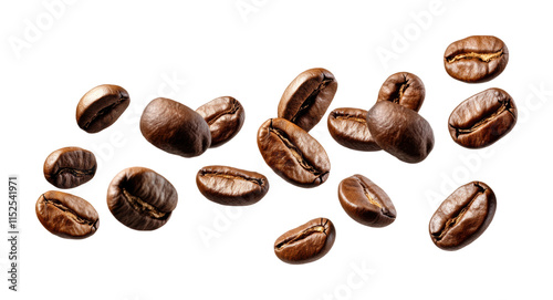 Floating roasted coffee beans isolated in mid-air, realistic brown aromatic coffee grains concept for drinks, cafe, and brewing design on transparent background