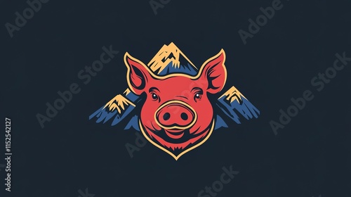 Premium Logo Design for Pork, Featuring a Pork Face and Majestic Mountain Background with Elegant and Rich Colors for High-End Meat Brand photo