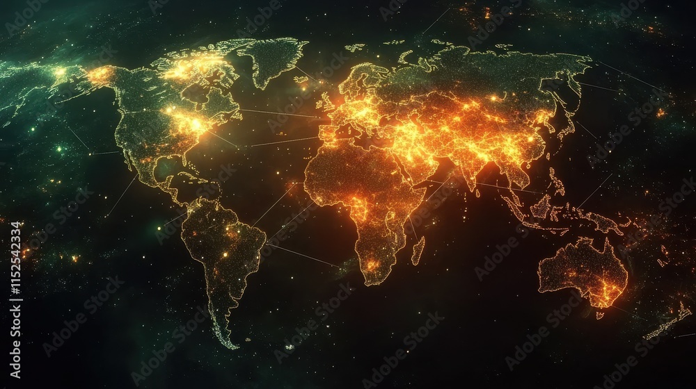 Detailed Map of World with Glowing Connections and Highlights Detailed Map of World with Glowing Connections and Highlights
