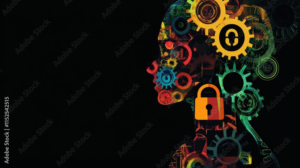 Fototapeta premium Abstract Profile with Gears and Lock Symbolizing Data Security Concept