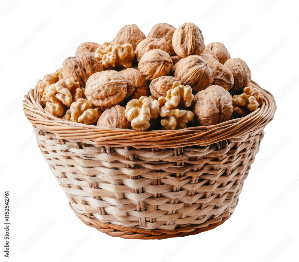 Basket filled with fresh walnuts, perfect for food photography, natural product visuals, or culinary projects isolated on transparent background. Basket filled with fresh walnuts, perfect for food photography, natural product visuals, or culinary projects isolated on transparent background.