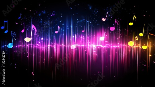 Vibrant Music Notes Over Colorful Sound Wave Display on Black Background