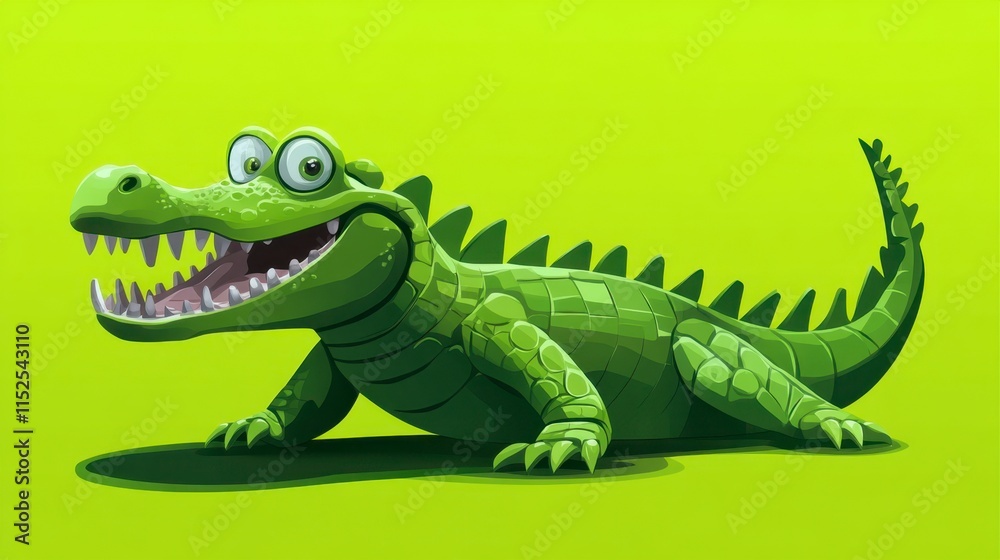 Fototapeta premium Happy Green Crocodile Cartoon Character on Green Background