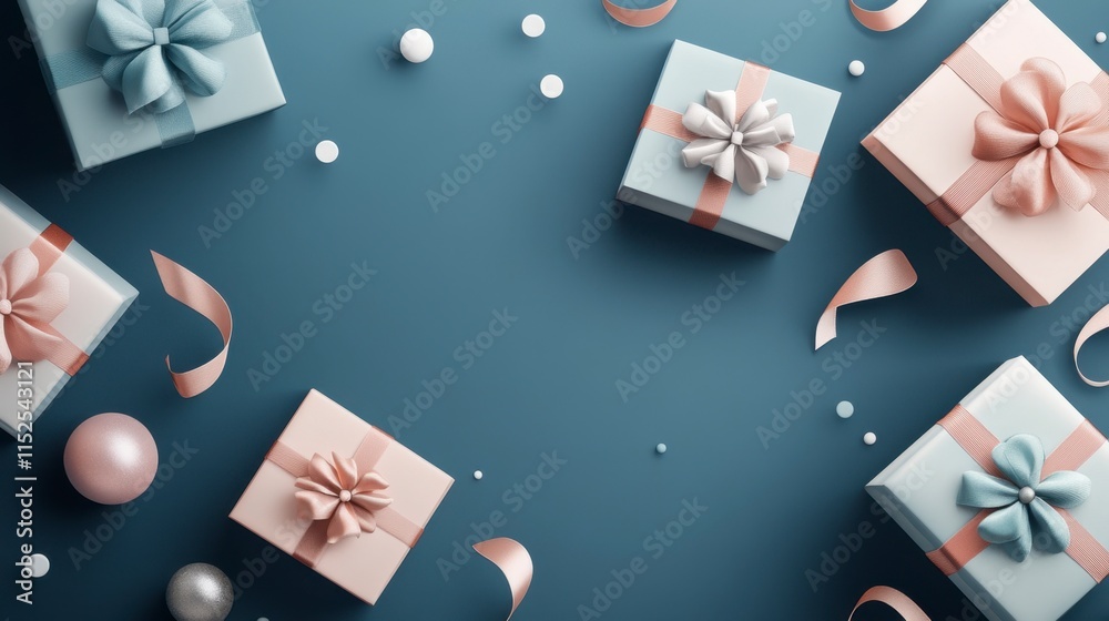 Elegant Gift Boxes on Teal Background - Festive Flat Lay Elegant Gift Boxes on Teal Background - Festive Flat Lay