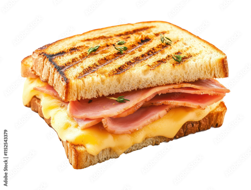 Grilled ham and cheese sandwich with melted cheese, crispy bread, deli meal, savory comfort food, delicious snack, and lunch idea isolated on transparent background Grilled ham and cheese sandwich with melted cheese, crispy bread, deli meal, savory comfort food, delicious snack, and lunch idea isolated on transparent background