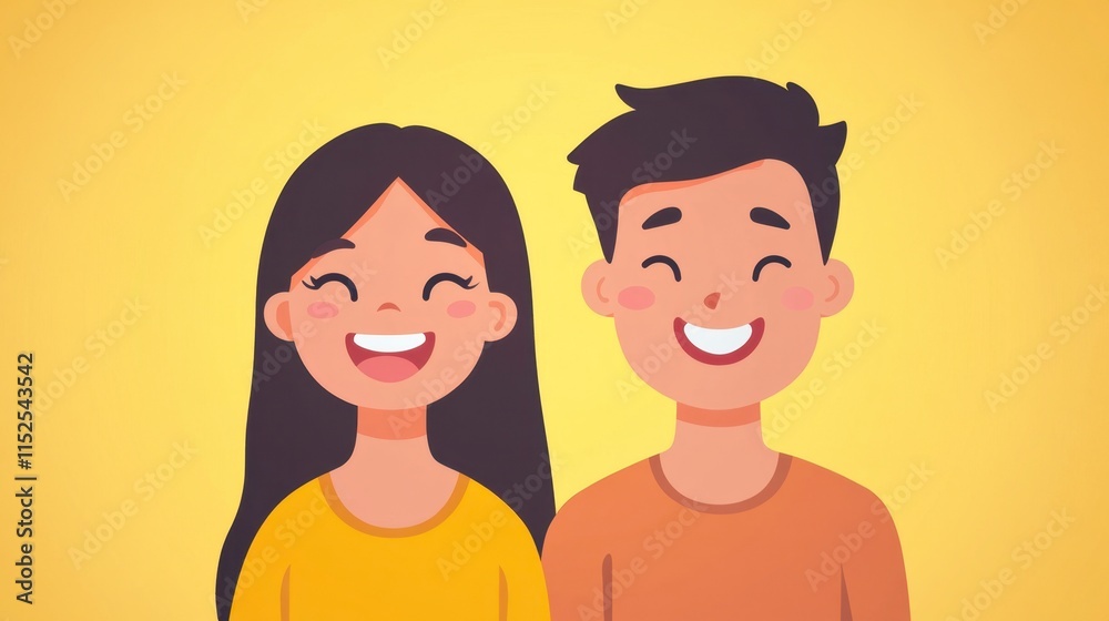 Smiling Asian Couple, Yellow Background, Happy Portrait Smiling Asian Couple, Yellow Background, Happy Portrait