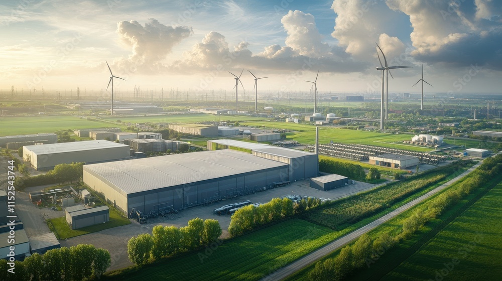 Naklejka premium Modern Industrial Complex with Wind Turbines and Clear Sky