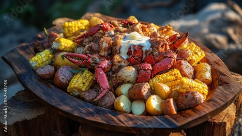 A rustic Alaskan King Crab boil served with corn, potatoes, and sausage, topped with melted butter, in a seaside wooden platter  photo