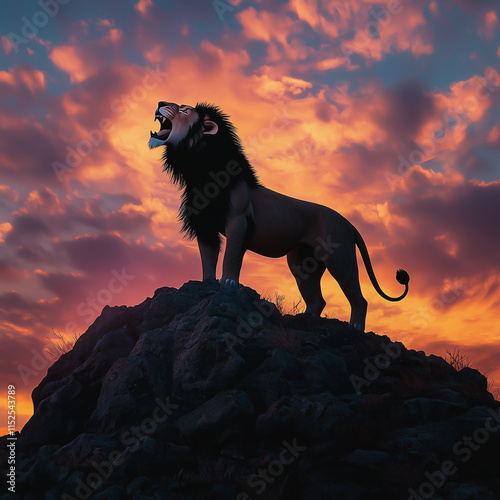 Lion silhouette roaring against a vivid sunset sky on a rocky hill.
 photo