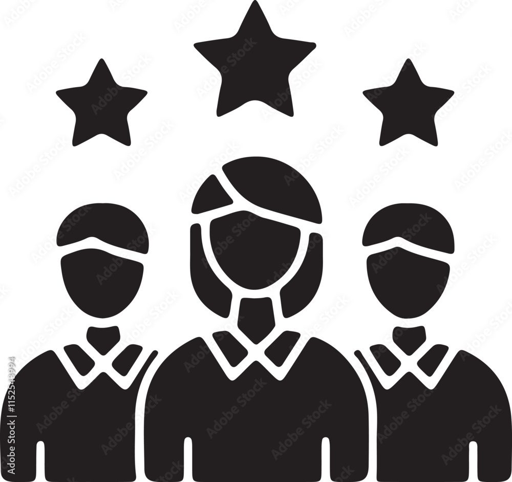 An illustration of a silhouette-style icon featuring three people with a star above their heads, symbolizing teamwork, achievement, or recognition An illustration of a silhouette-style icon featuring three people with a star above their heads, symbolizing teamwork, achievement, or recognition