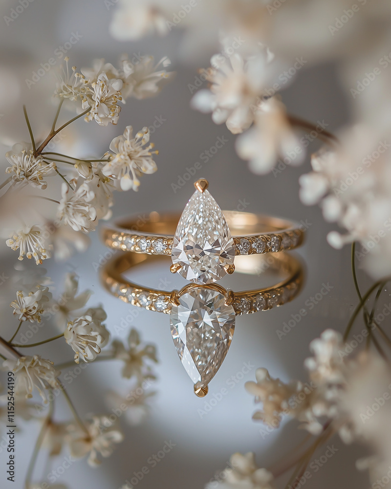 Gold pear-cut diamond ring with delicate floral arrangement and soft lighting.
Gold pear-cut diamond ring with delicate floral arrangement and soft lighting.
