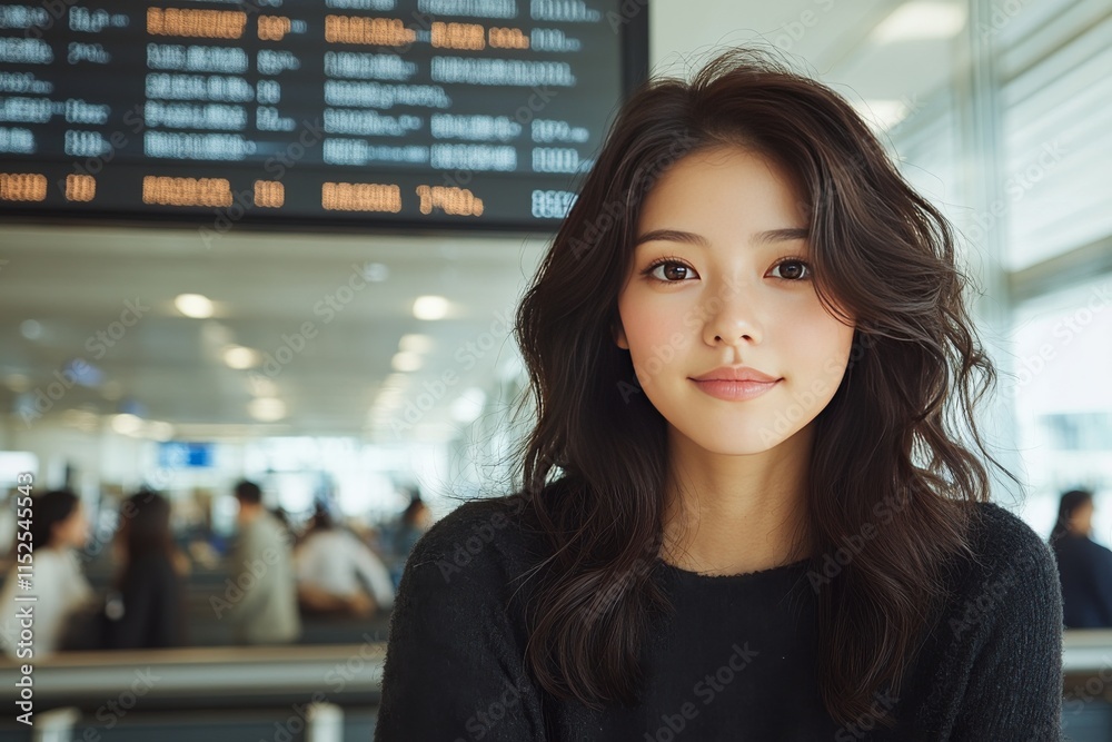 A young female traveler, stands in front of a large timetable. Generative AI A young female traveler, stands in front of a large timetable. Generative AI