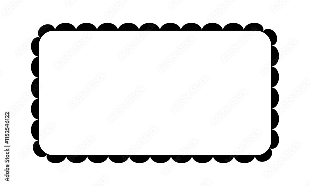 Rectangle frame with scalloped borders. Rectangular vignette for picture or mirror with lace edges isolated on white background. Blank tag, box or label template. Vector graphic illustration.