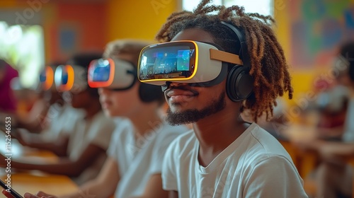 Students learning VR headsets and tablets in a colorful classroom their teacher guiding them through immersive technologydriven learning experiences photo