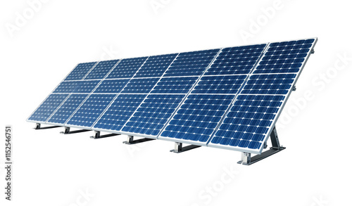 Row of solar panels with reflective surface, sustainable energy, solar technology, modern renewable power source, clean electricity generation, isolated on transparent background, photovoltaic cells