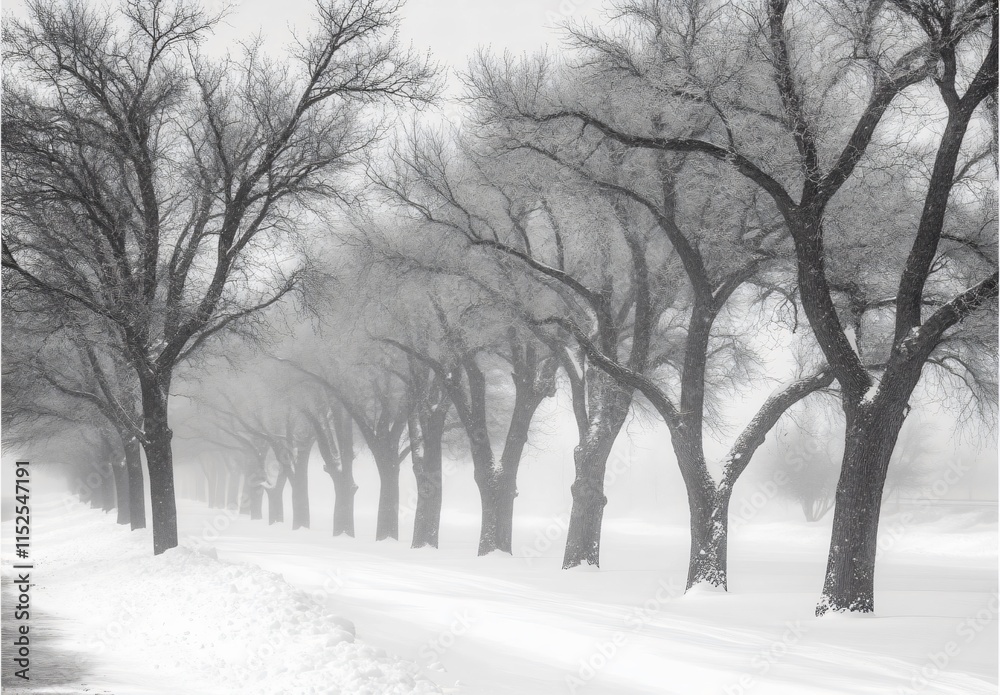 Snowy Winter Trees Landscape Foggy Monochrome Scene Snowy Winter Trees Landscape Foggy Monochrome Scene