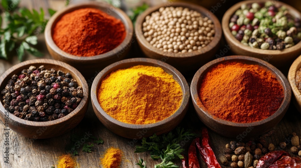 Aromatic Spices in Wooden Bowls on Rustic Wood Aromatic Spices in Wooden Bowls on Rustic Wood