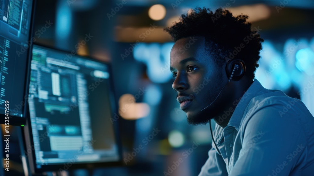 Fototapeta premium Focused Young Man Working on Computer in Modern Tech Environment