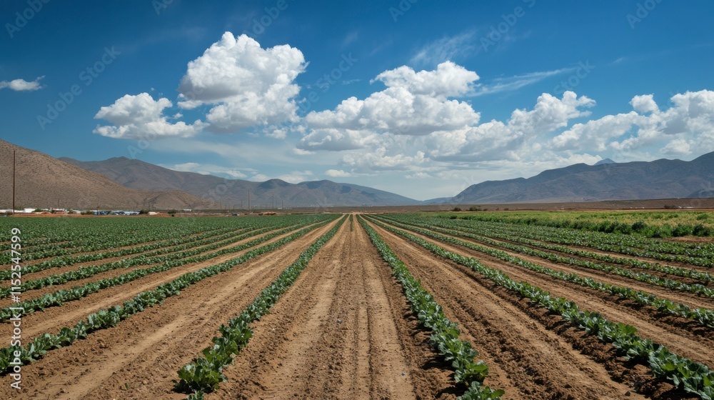 Rows of Cabbage in Desert Farmland Under a Blue Sky Rows of Cabbage in Desert Farmland Under a Blue Sky