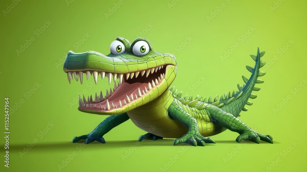 Fototapeta premium Cheerful Green Crocodile Cartoon Character on Green Background