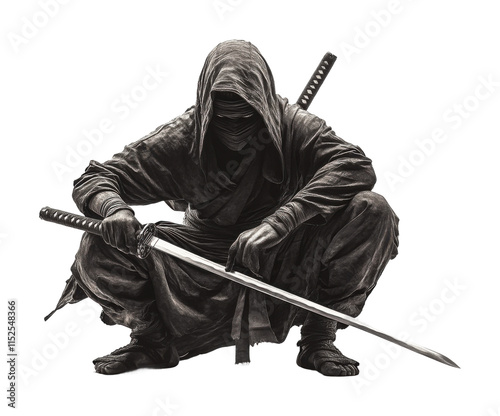 Crouching warrior holding katana in an intense stance showcasing skill and readiness for battle. Isolated on transparent background, png. photo