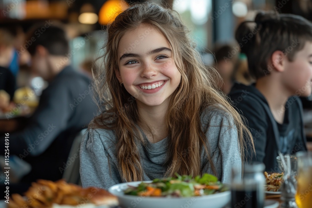 A happy girl smiles while seated at a table with friends, enjoying a healthy breakfast during National School Breakfast Week in a lively cafe setting, filled with cheerful conversations and laughter A happy girl smiles while seated at a table with friends, enjoying a healthy breakfast during National School Breakfast Week in a lively cafe setting, filled with cheerful conversations and laughter