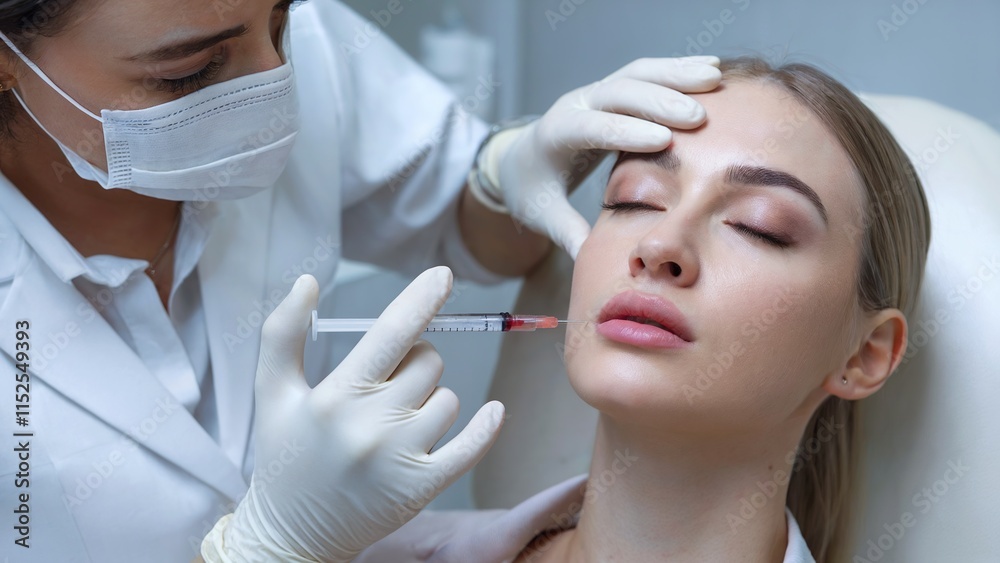 A doctor wearing white gloves injecting a red liquid into the woman's lips using a syringe A doctor wearing white gloves injecting a red liquid into the woman's lips using a syringe