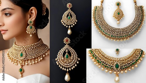 Exquisite Indian Bridal Jewelry Set Gold Pearls Emeralds photo