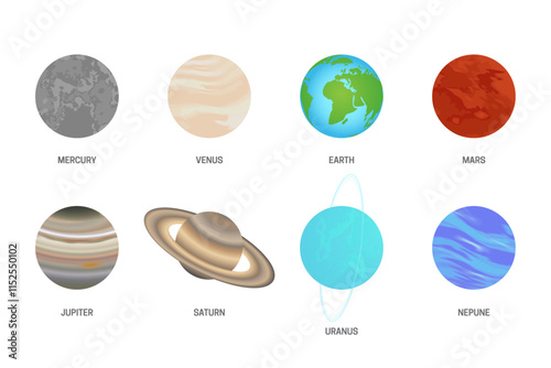Isolated Collection of Every Planet in the Solar System. Flat Illustration with Planets Name.
