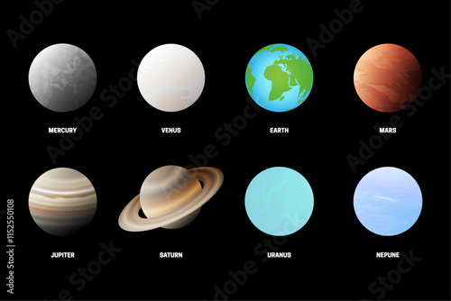 3D Realistic Collection of Every Planet in the Solar System. Illustration Set with Planets Name.