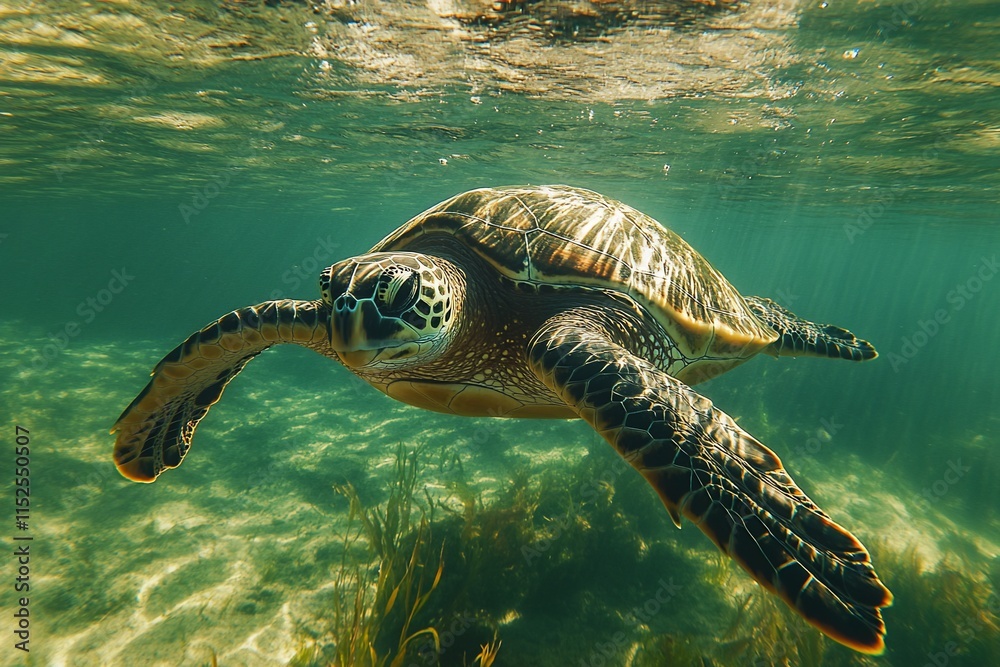Obraz premium Underwater sea turtle swimming gracefully near seabed.