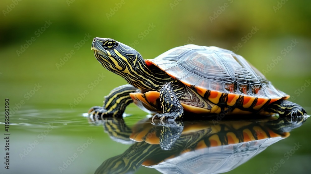 Turtle in water, reflective surface. Turtle in water, reflective surface.