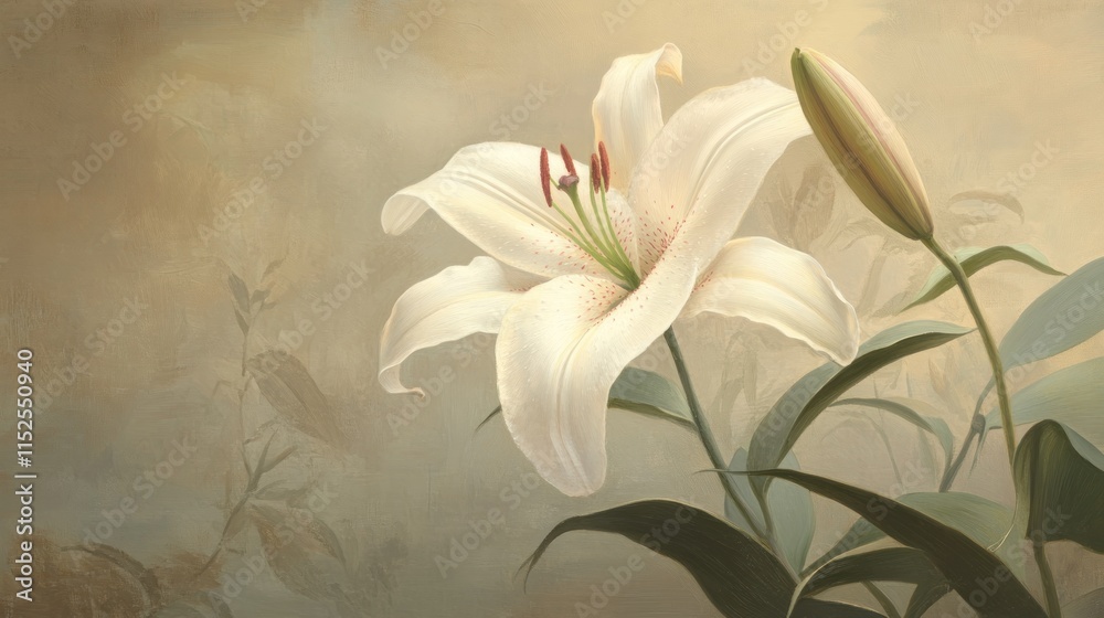 Obraz premium Elegant white lily blossom with bud, soft background.