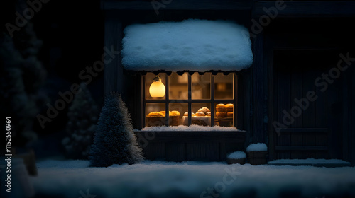 A cozy winter evening scene showing a warm light glowing from a window of a snow-covered cabin. photo