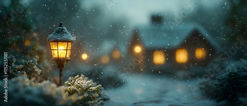 Wallpaper Mural A peaceful winter scene featuring a glowing lamppost and cozy cabin surrounded by softly falling snow. Torontodigital.ca