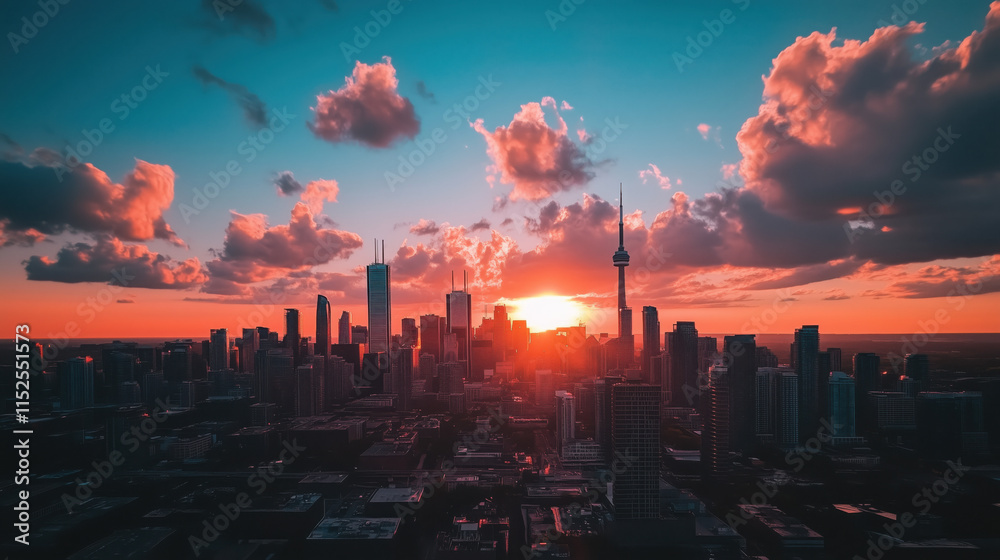 Obraz premium Urban Skyline Sunset with Glowing Sun, Colorful Clouds, and Shimmering Skyscrapers