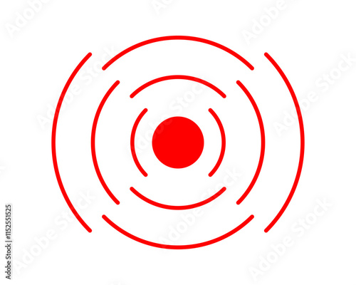 Sonar wave, radar or sound signal symbol. Pain localization, sore or inflammation icon. Broken red concentric circles. Pulse, radiation, coverage or vibration sign. Vector illustration.
