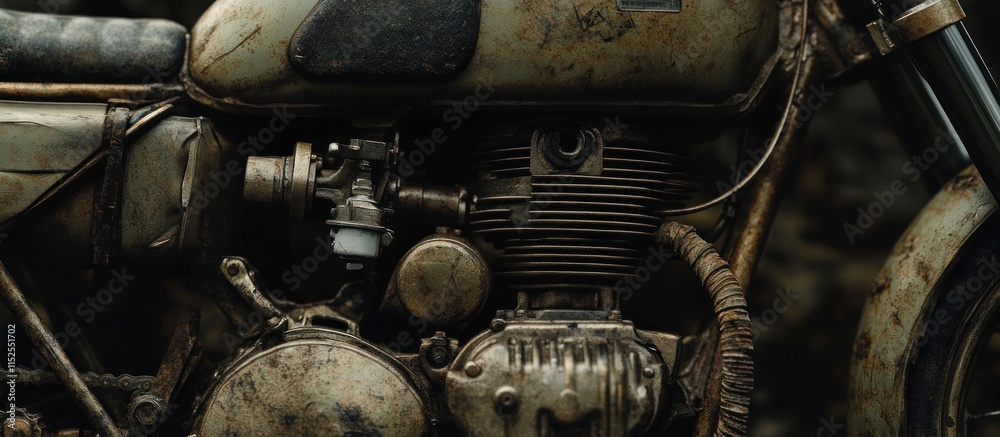 A military-style motorbike engine, rugged and tactical design, olive drab finish, battlefield backdrop A military-style motorbike engine, rugged and tactical design, olive drab finish, battlefield backdrop