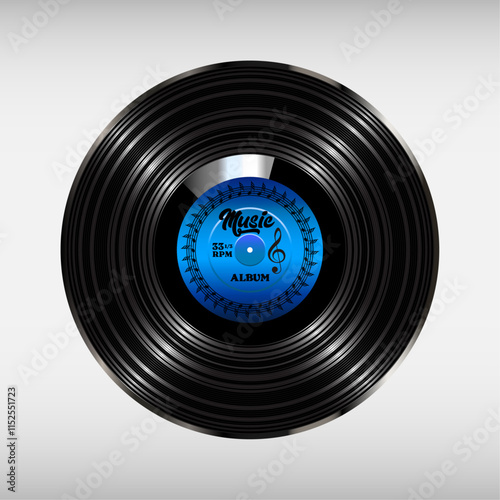 Long play vynil record with blue paper label isolated on white background.